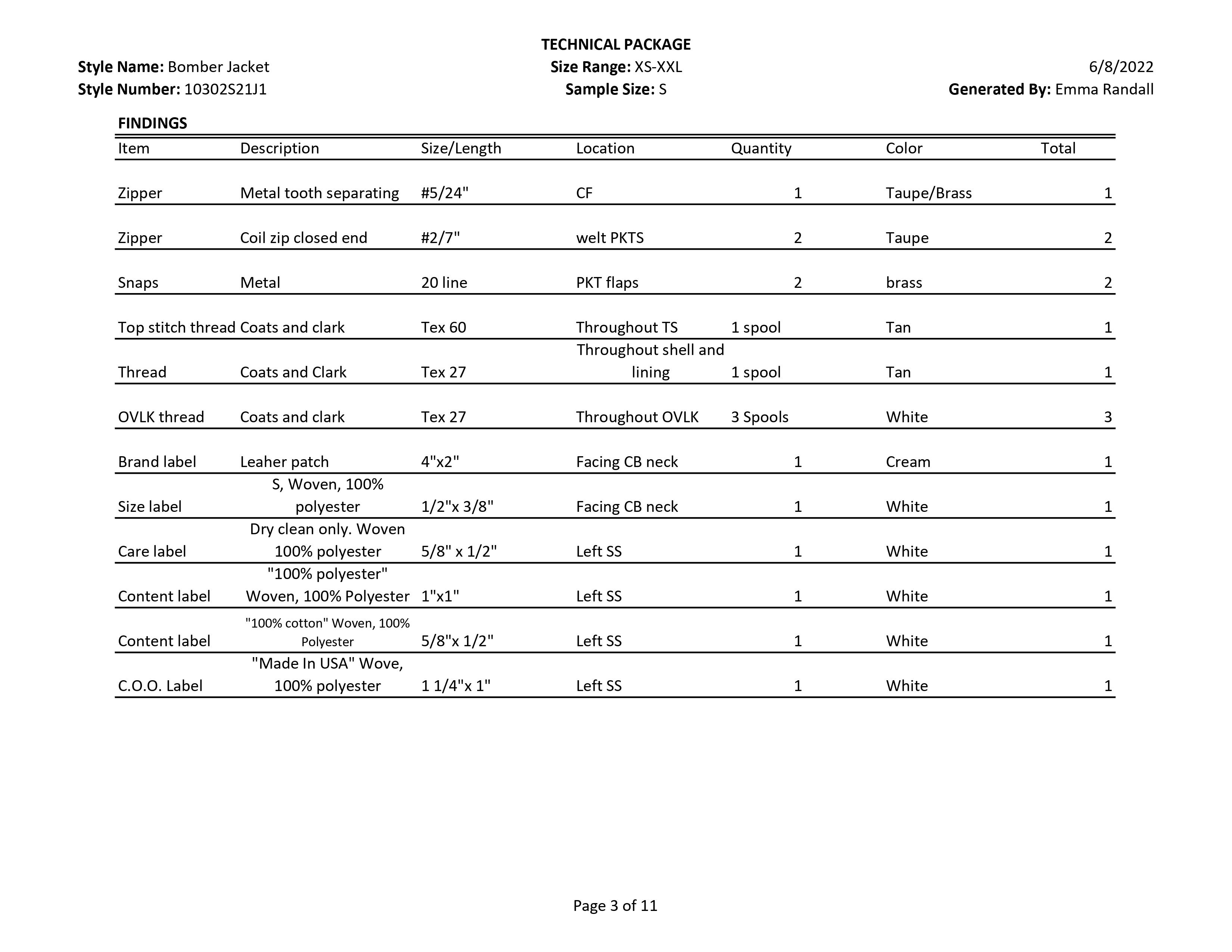 Bomber Jacket tech pack page 3