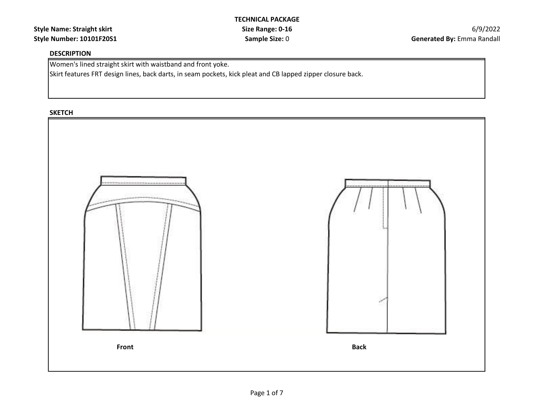 Straight skirt tech pack page 1